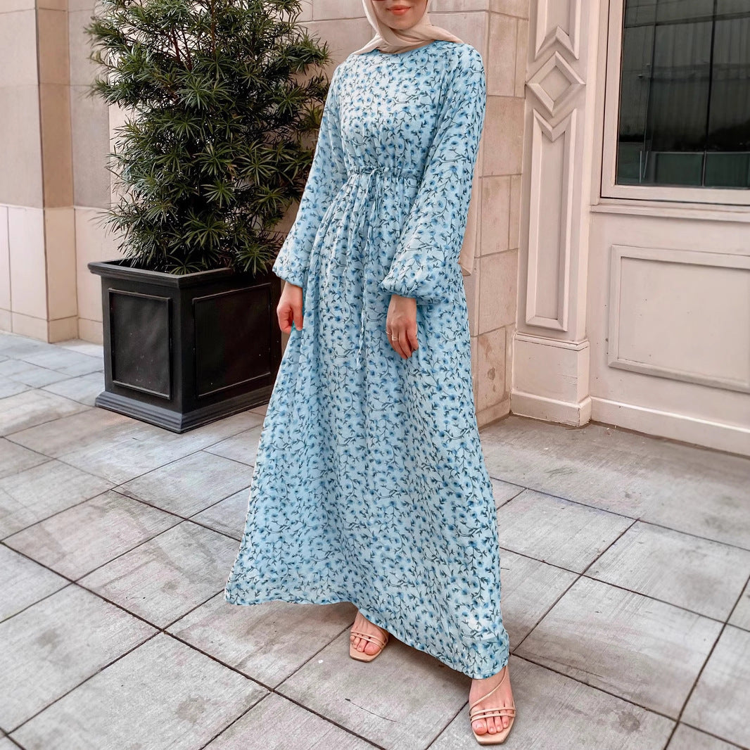 Damen Geblümtes Maxikleid mit Kordel-Taille und Ballonärmeln – Valéora