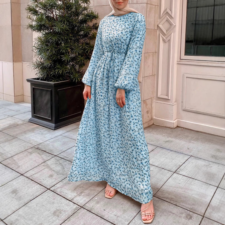 Damen Geblümtes Maxikleid mit Kordel-Taille und Ballonärmeln – Valéora