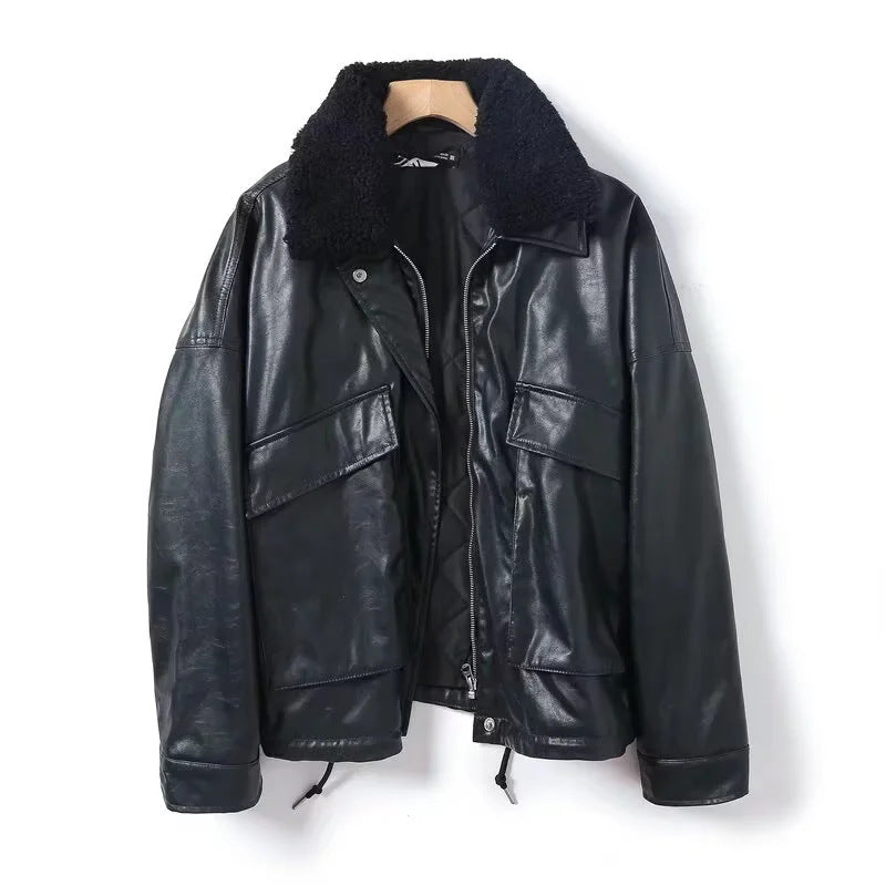 Herren oversize Kunstleder‑Fliegerjacke mit abnehmbarem Teddykragen, Zweiwege‑Reißverschluss und großen Pattentaschen – Taviero