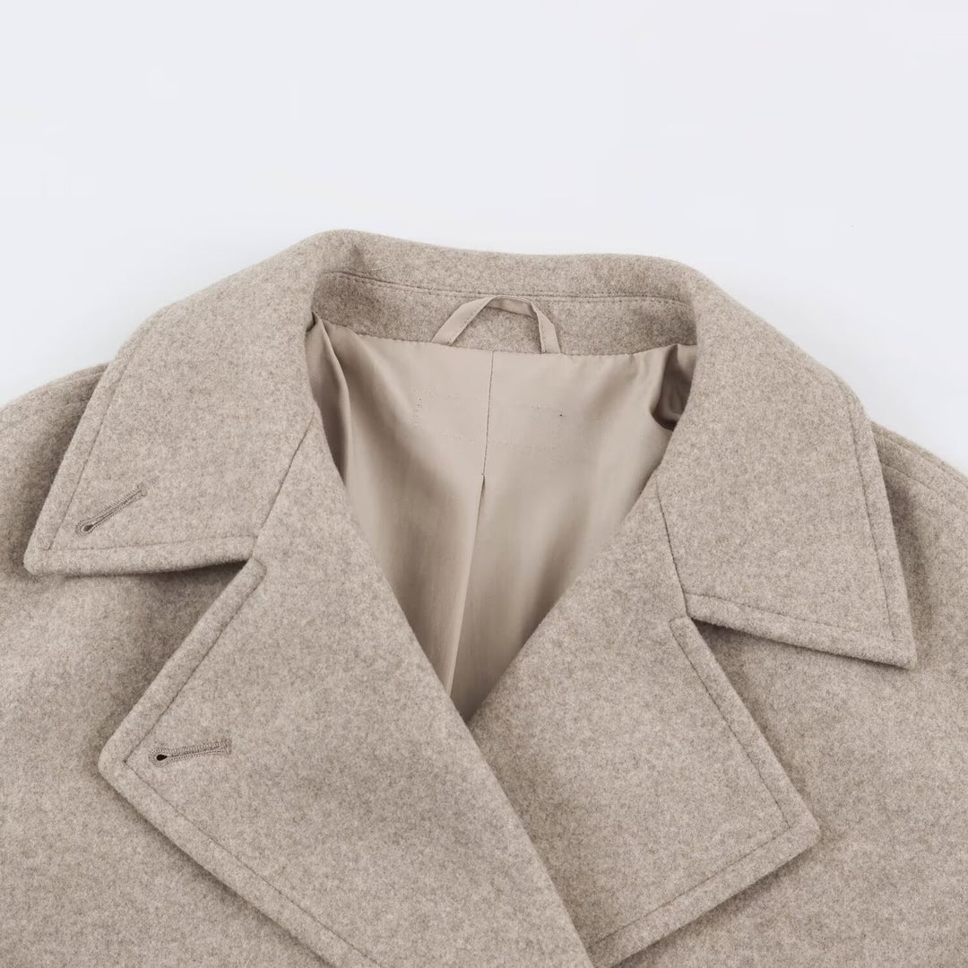 Damen Midilanger Wollmix-Doppelreihenmantel mit weitem Revers und Eingrifftaschen Echoarchiv