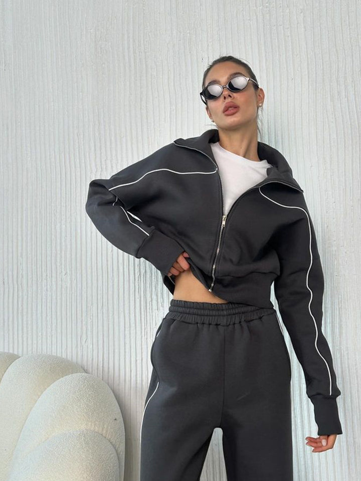 Damen nan zweiteiliges Sport-Loungewear-Set mit Stehkragen und Kontrastpaspel Echo Archiv