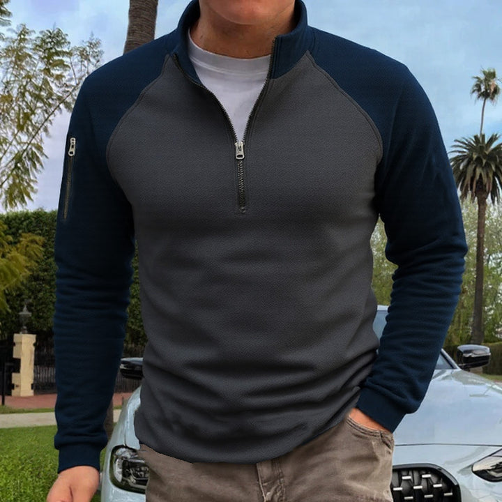 Herren slimfit Halbzip-Pullover mit Raglanärmeln, Waffelstruktur und Ärmeltasche – Marzano