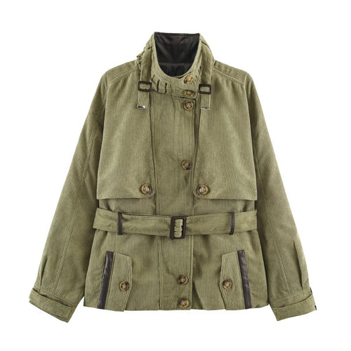 Damen Taillierte Cordfeldjacke mit Stehkragen Schulterpasse und Gürtel Echo Archiv