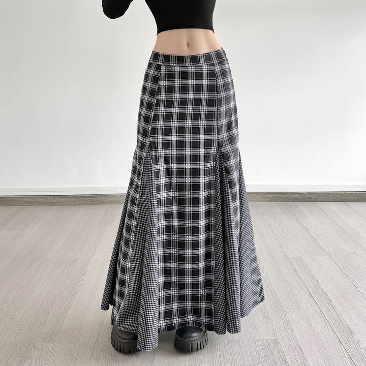Damen Maxirock mit taillierter Passform, kontrastierenden Karopaneelen und ausgestellter Godet-Silhouette – Rosévia