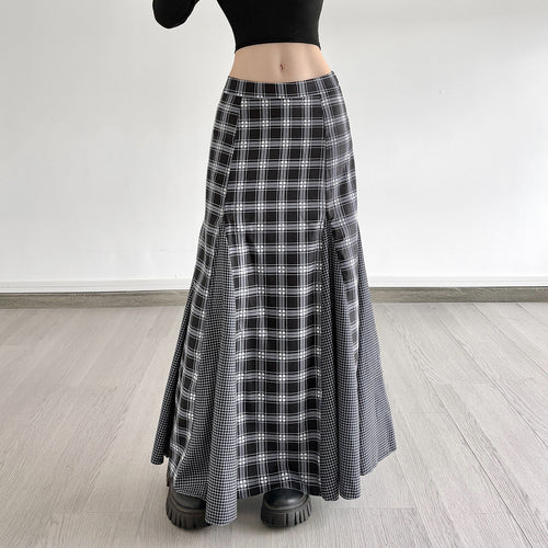 Damen Maxirock mit taillierter Passform, kontrastierenden Karopaneelen und ausgestellter Godet-Silhouette – Rosévia