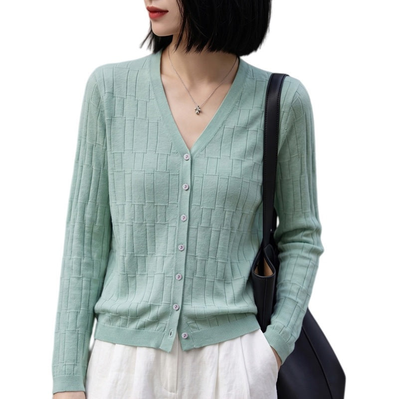 Damen V‑Ausschnitt-Feinstrickcardigan mit strukturierter Blockoptik und durchgehender Knopfleiste Echoarchiv