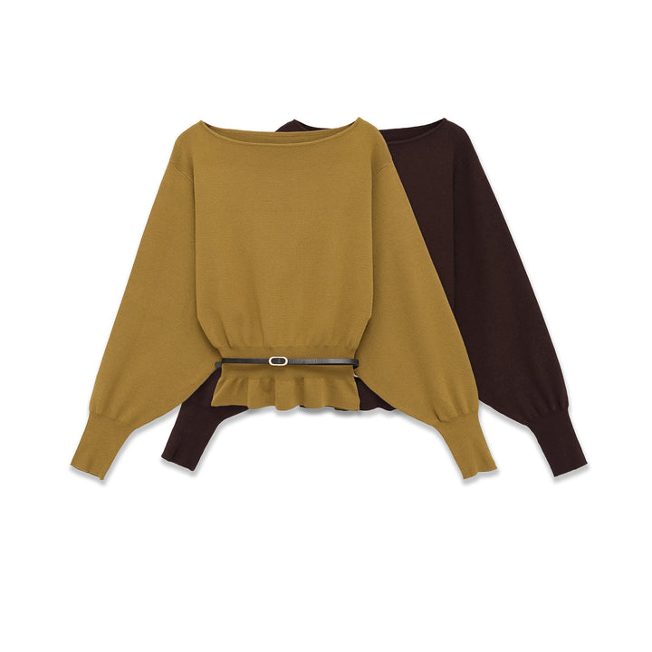 Damen Fledermaus-Pullover mit weitem Ärmel, gerafftem Taillenbund und schmalem Gürtel – Mavelle
