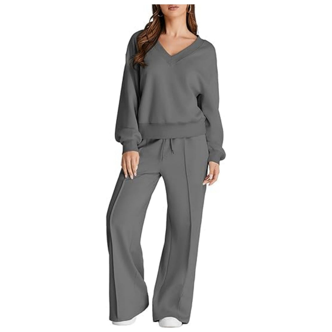 Damen Lässiges V-Ausschnitt Freizeit-Set mit weiter Jogginghose Echoarchiv