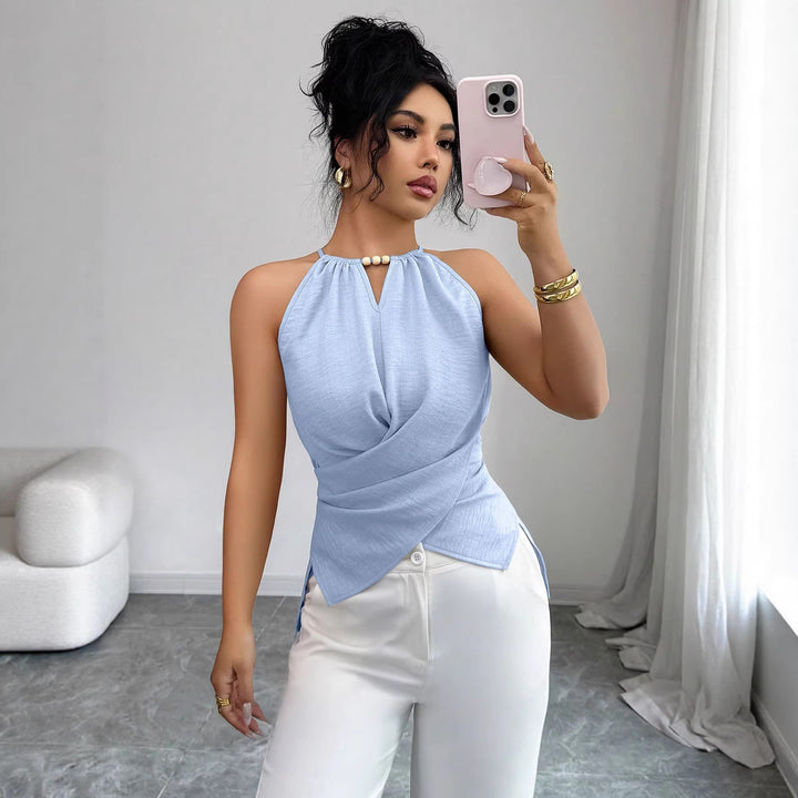 Damen Ärmelloses Twist-Halstops mit Holzperlen und asymmetrischem Saum – Avérine