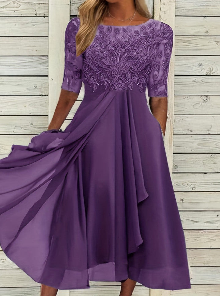 Damen elegantes Chiffon-Spitzenkleid mit Vokuhila-Überwurf und dreiviertelärmeln – Élara