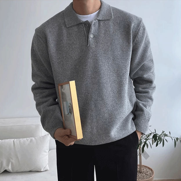 Herren Eleganter Strickpullover mit Stehkragen und Knopfleiste Echoarchiv