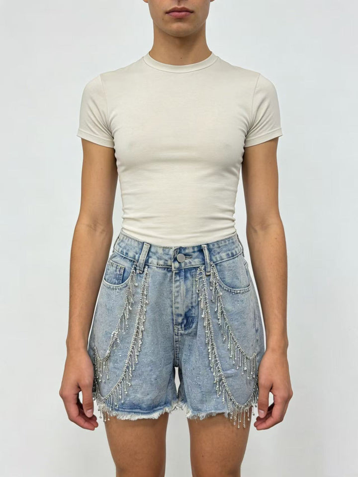Damen Designer Denim-Shorts mit trendigen Kettenverzierungen Echo Archiv