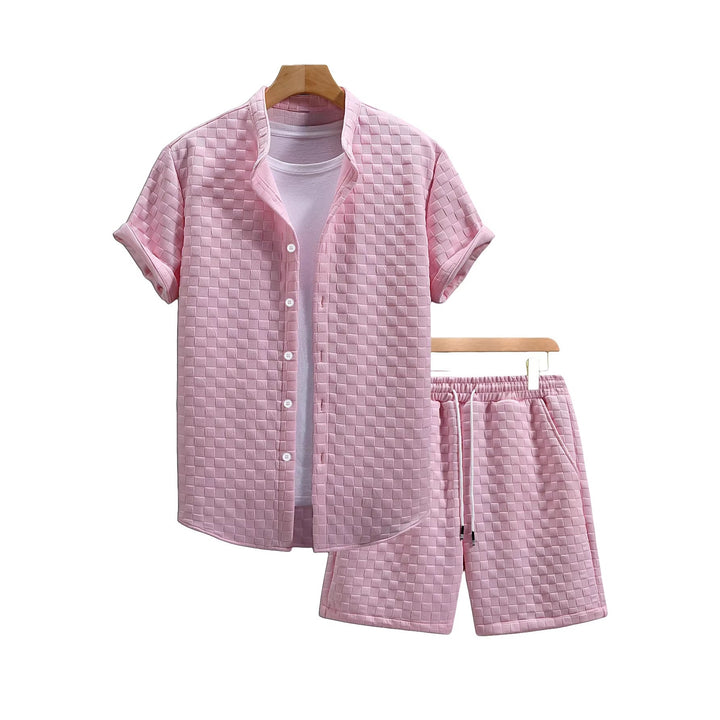 Herren nan zweiteiliges Sommerensemble mit Stehkragen-Hemdjacke und elastischen Komfort-Shorts in geprägter Karo-Textur Echoarchiv
