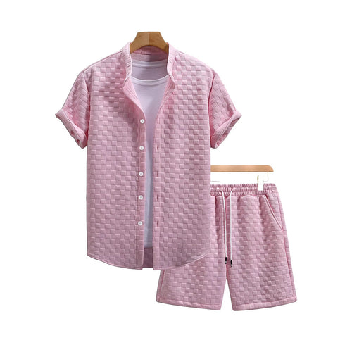 Herren nan zweiteiliges Sommerensemble mit Stehkragen-Hemdjacke und elastischen Komfort-Shorts in geprägter Karo-Textur Echoarchiv