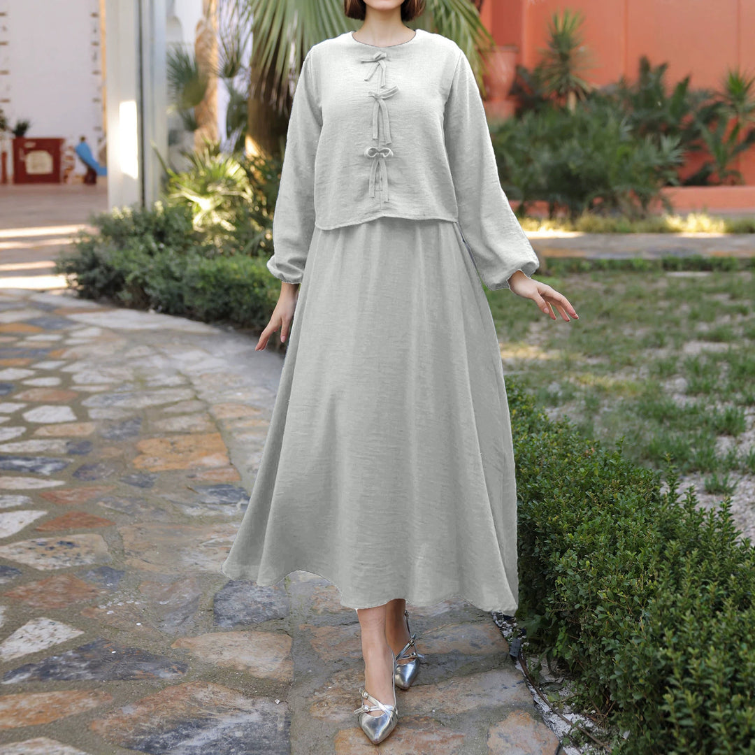 Damen Langes Zweiteiliges Maxikleid mit Überwurf, Rundhals und Zierknoten – Valéora