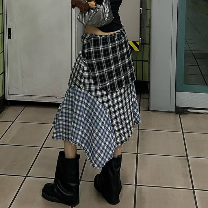 Damen Asymmetrischer Midirock im Karo-Patchwork mit Bundschärpe Echo Archiv