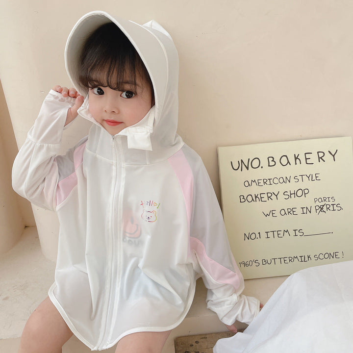 Unisex nan ultraleichte Kinder-Sonnenschutzjacke mit Kapuze, Reißverschluss, Meshfutter und Bärenstickerei  Echo Archiv