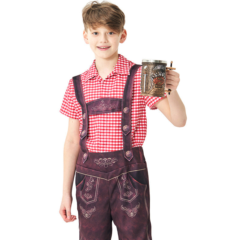 Damen nan traditionelle Trachtenlederhose mit verstellbaren Trägern und kariertem Blusen-Set Echo Archiv