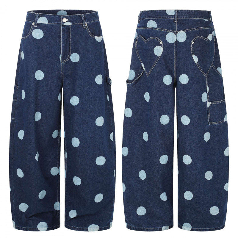 Damen Weite Cropped-Jeans mit hoher Taille, Polka‑Dot‑Print und Carpenter‑Details Echo Archiv