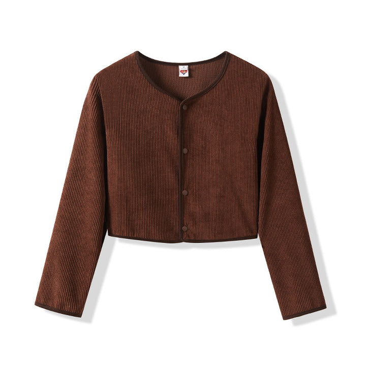 Damen Cropped Rundhals-Cardigan mit Druckknöpfen aus geripptem Strick – Veloura