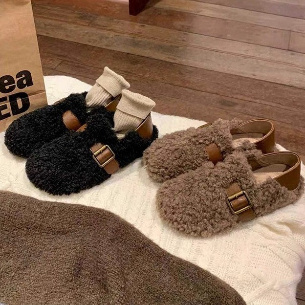 Damen Gefütterte Teddy-Flausch Mules mit verstellbarer Metallschnalle und Fersenriemen Echo Archiv