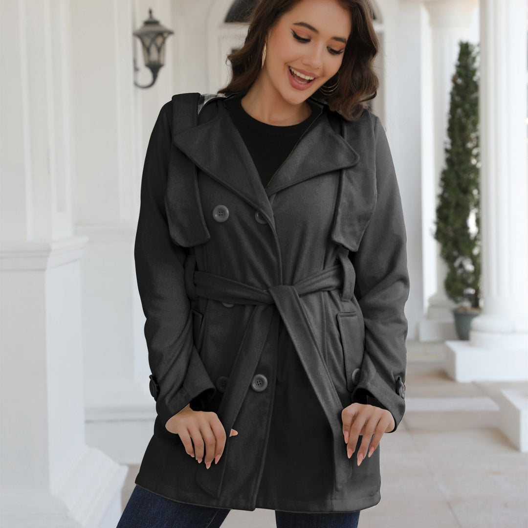 Damen Doppelreihiger Trenchcoat mit Kapuze, Taillengürtel & breitem Revers Echoarchiv