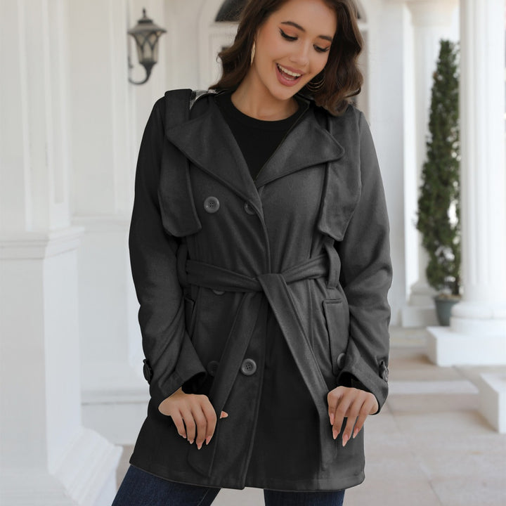 Damen Doppelreihiger Trenchcoat mit Kapuze, Taillengürtel & breitem Revers Echoarchiv