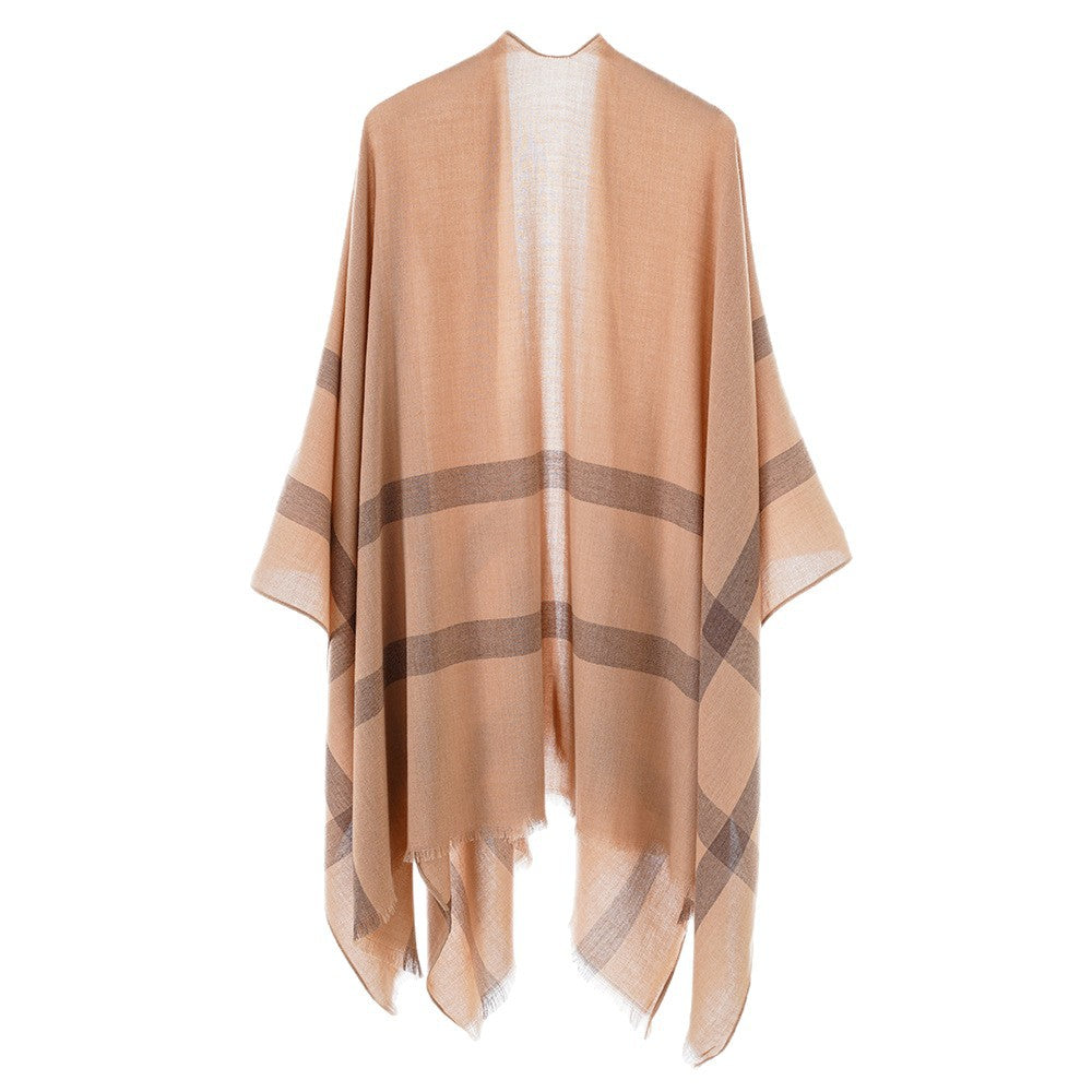 Damen leichter Feinstrick-Cape mit diagonalen Kontraststreifen und Fransen Echo Archiv