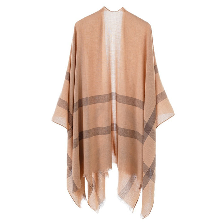 Damen leichter Feinstrick-Cape mit diagonalen Kontraststreifen und Fransen Echo Archiv