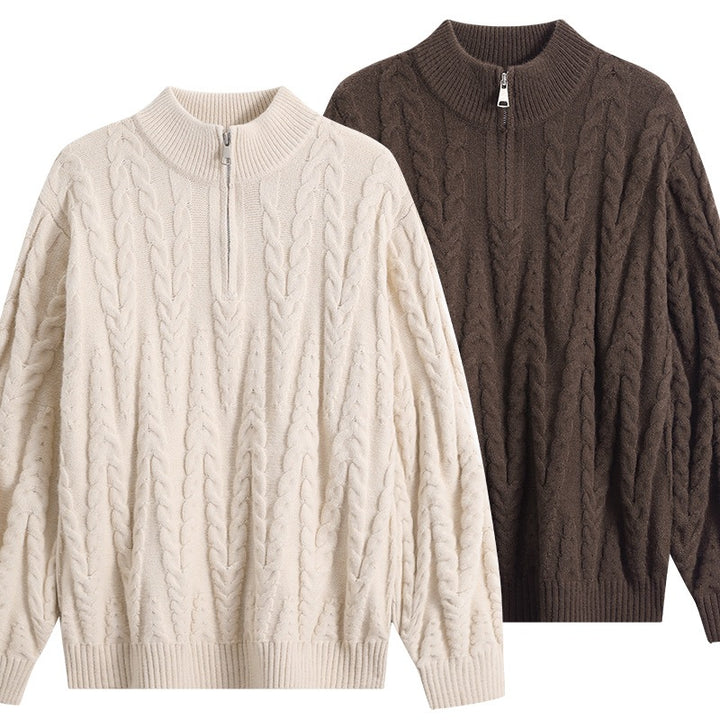 Herren Grobstrick-Halbzip-Pullover im Oversize-Zopfmuster mit hohem Rippkragen Echoarchiv