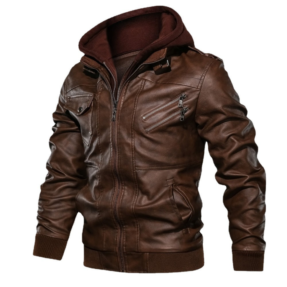 Herren Lederoptik-Utility-Jacke mit Kapuze, Reißverschlusstaschen und Rippbündchen – Taviero