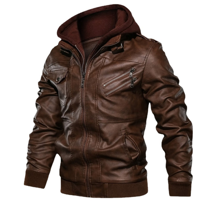 Herren Lederoptik-Utility-Jacke mit Kapuze, Reißverschlusstaschen und Rippbündchen – Taviero