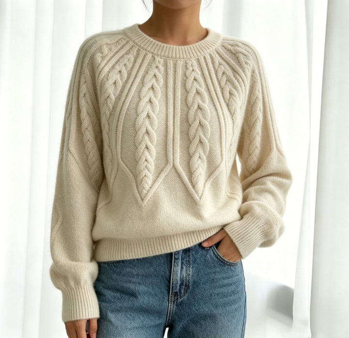Damen kurzgeschnitteter Grobstrick-Zopfpullover mit Ballonärmeln – Mavelle