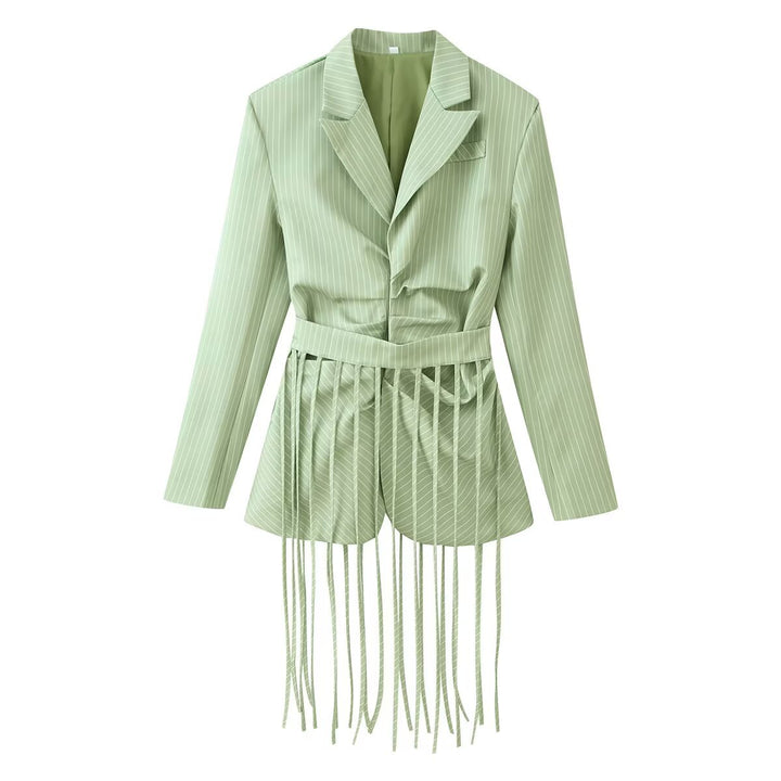 Damen 20+ taillierter Blazer mit Fransen-Detail und Nadelstreifen Echo Archiv