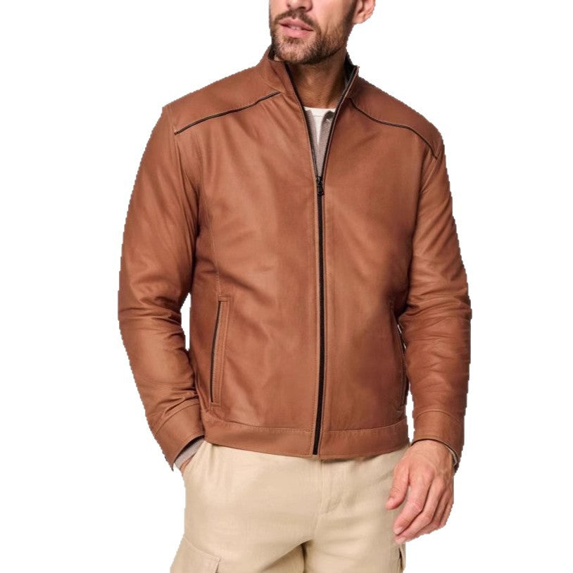 Herren stylische Lederjacke mit modernem Stehkragen und dezenten Kontrastnähten Echoarchiv