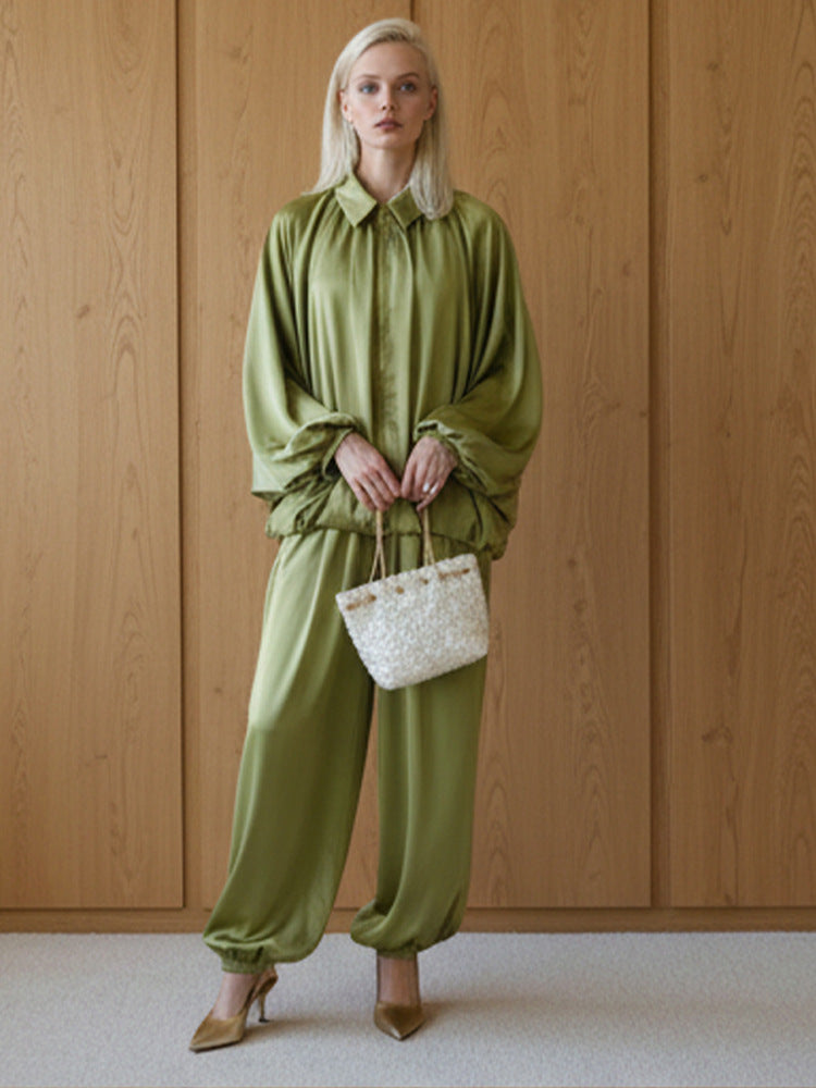 Damen Elegantes Satin-Zweiteiler-Set mit Oversize-Blouson und weiter Palazzo-Hose Echoarchiv