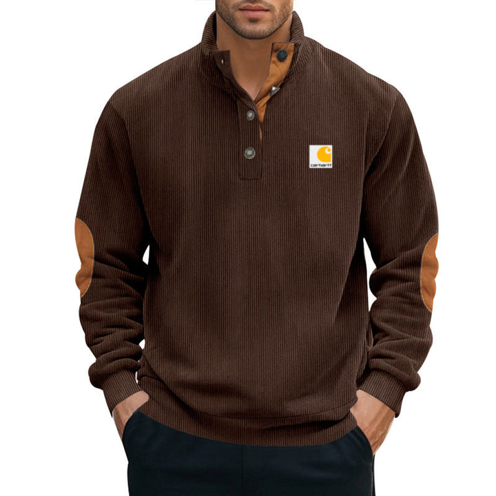 Herren nan Strickpullover im Troyer-Stil mit Stehkragen Lederbesatz Druckknopfleiste und Ellbogen-Patches Echo Archiv