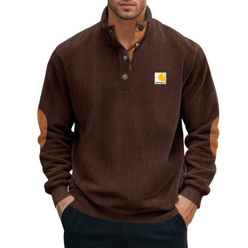 Herren nan Strickpullover im Troyer-Stil mit Stehkragen Lederbesatz Druckknopfleiste und Ellbogen-Patches Echo Archiv