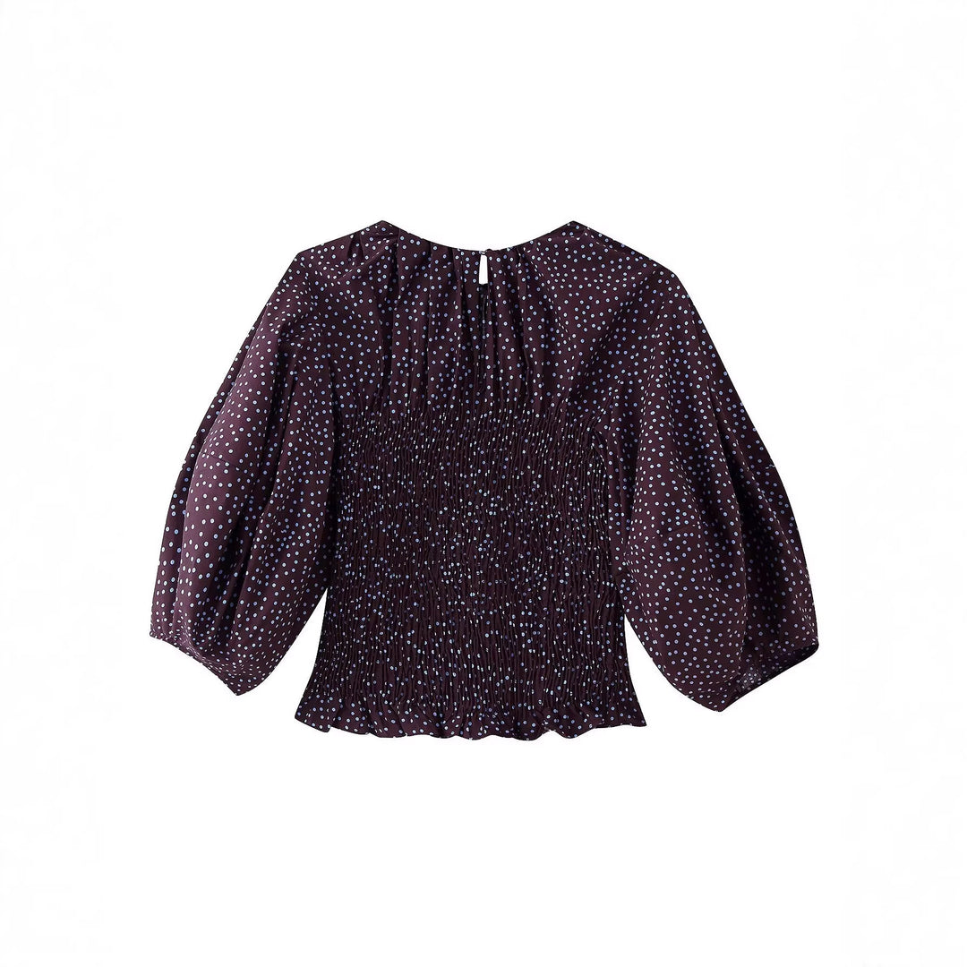 Damen Gepunktete Bluse mit Smok-Taille und Ballonärmeln Echoarchiv