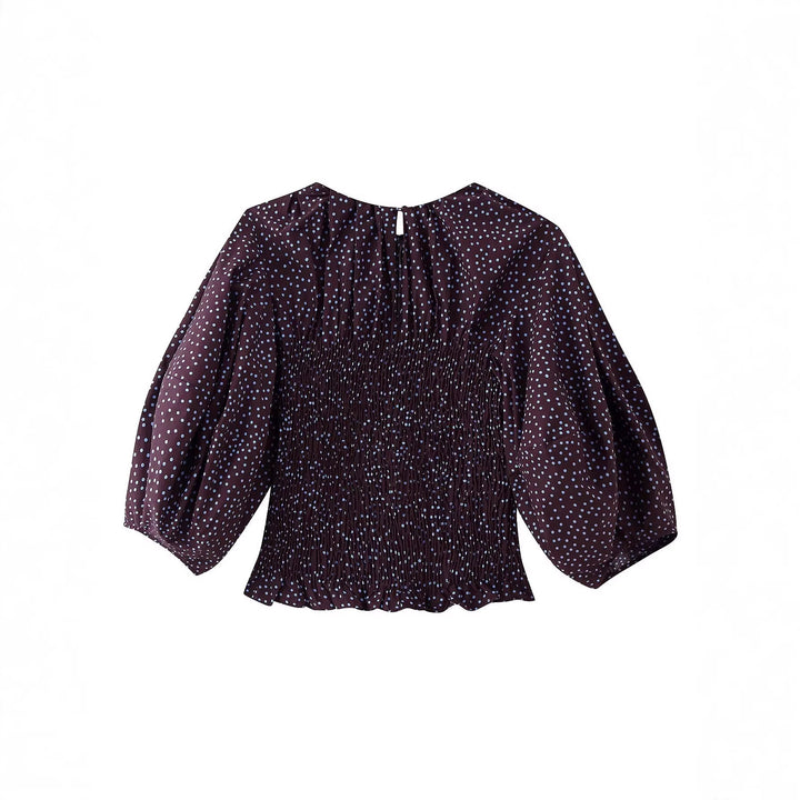 Damen Gepunktete Bluse mit Smok-Taille und Ballonärmeln Echoarchiv