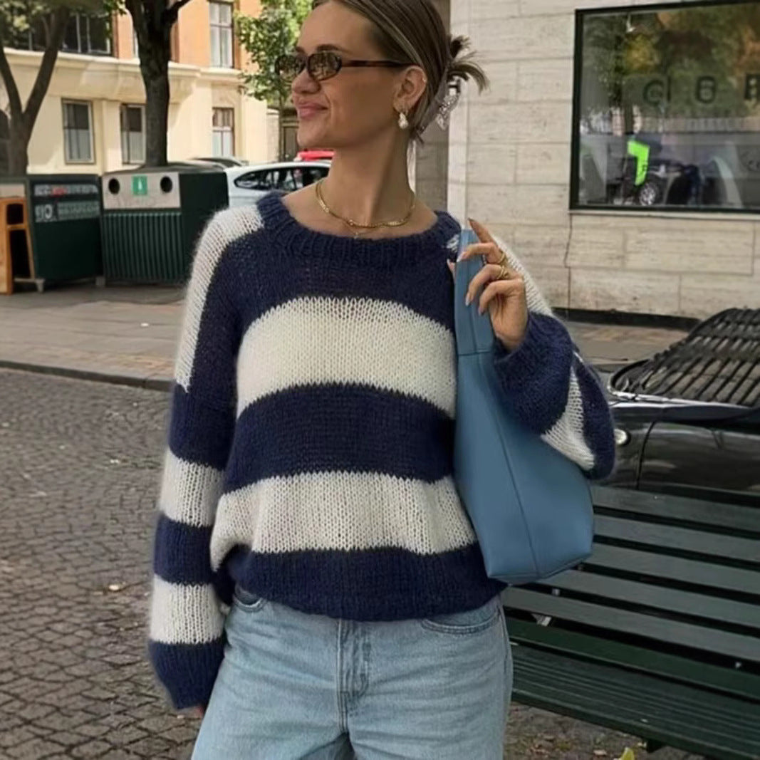 Damen Oversize-Strickpullover mit breiten Blockstreifen und Rundhalsausschnitt Echo Archiv