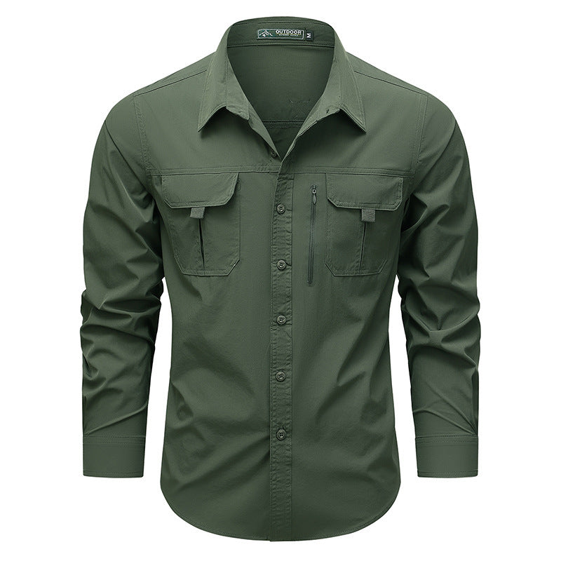 Men's technical long-sleeve utility shirt with dual flap chest pockets and concealed zip utility pocket – Arvello