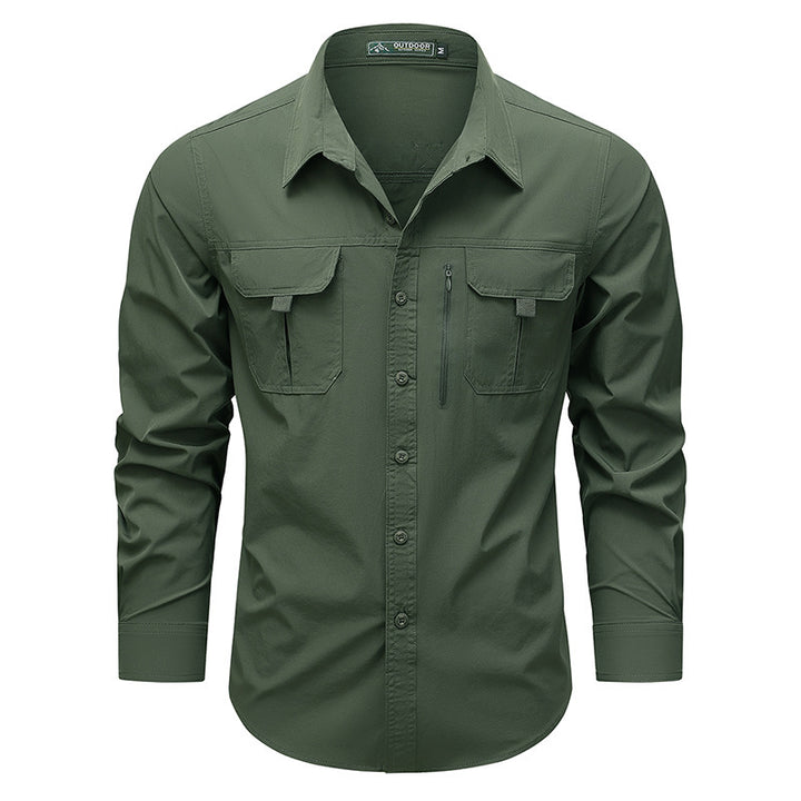 Men's technical long-sleeve utility shirt with dual flap chest pockets and concealed zip utility pocket – Arvello