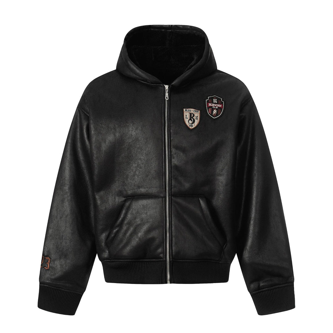 Herren Kapuzen-Lederblouson mit Teddyfutter und Rippbündchen Echoarchiv