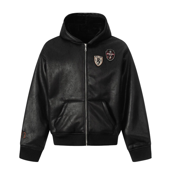 Herren Kapuzen-Lederblouson mit Teddyfutter und Rippbündchen Echoarchiv