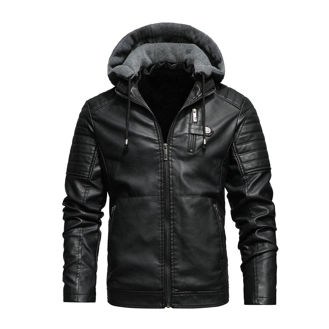 Herren Kapuzen-Lederjacke mit Kunstfellfutter und gesteppter Ärmelstruktur Echoarchiv