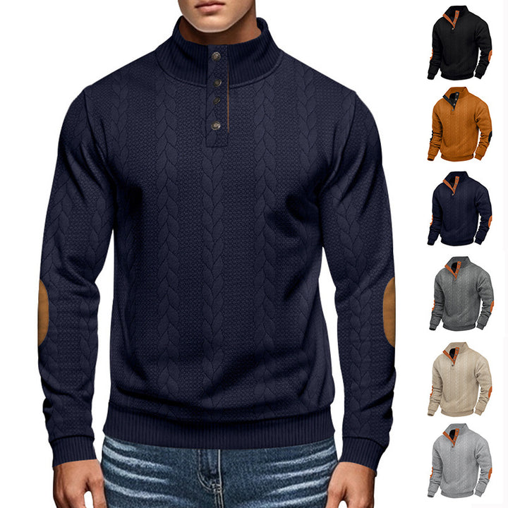 Herren nan Zopfmuster-Pullover mit Stehkragen, halber Knopfleiste und Ellbogenpatches Echo Archiv