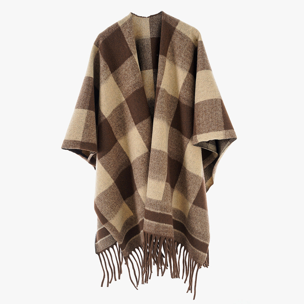 Damen Capeponcho im Plaid-Wickelstil aus Wollmix mit Fransensaum – Montévia