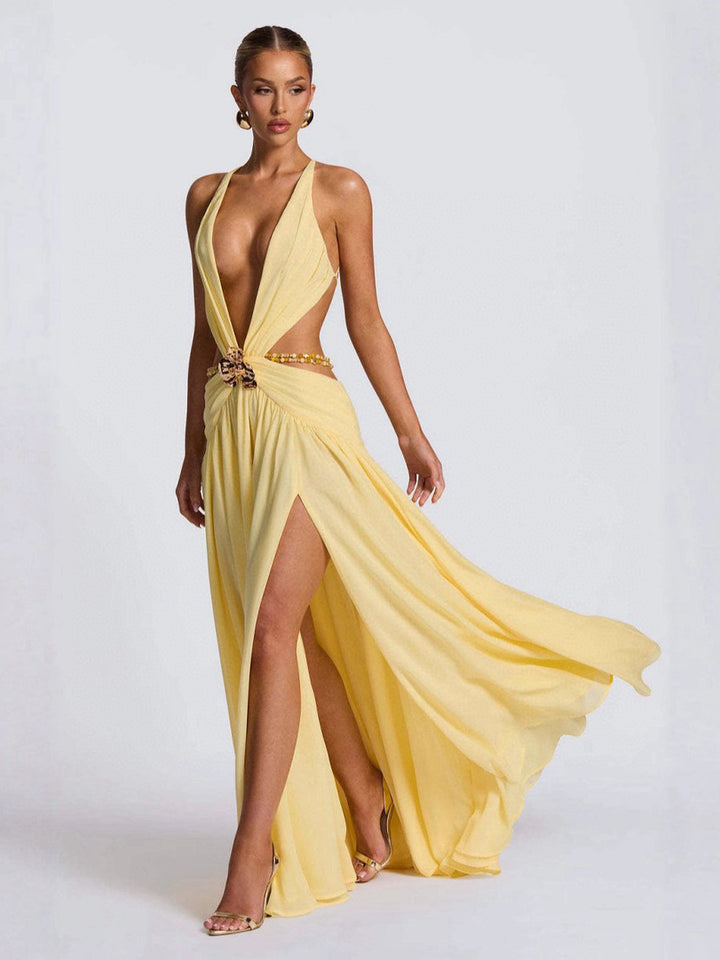 Damen Maxikleid mit tiefem V-Ausschnitt und elegantem Wickeldesign Echo Archiv