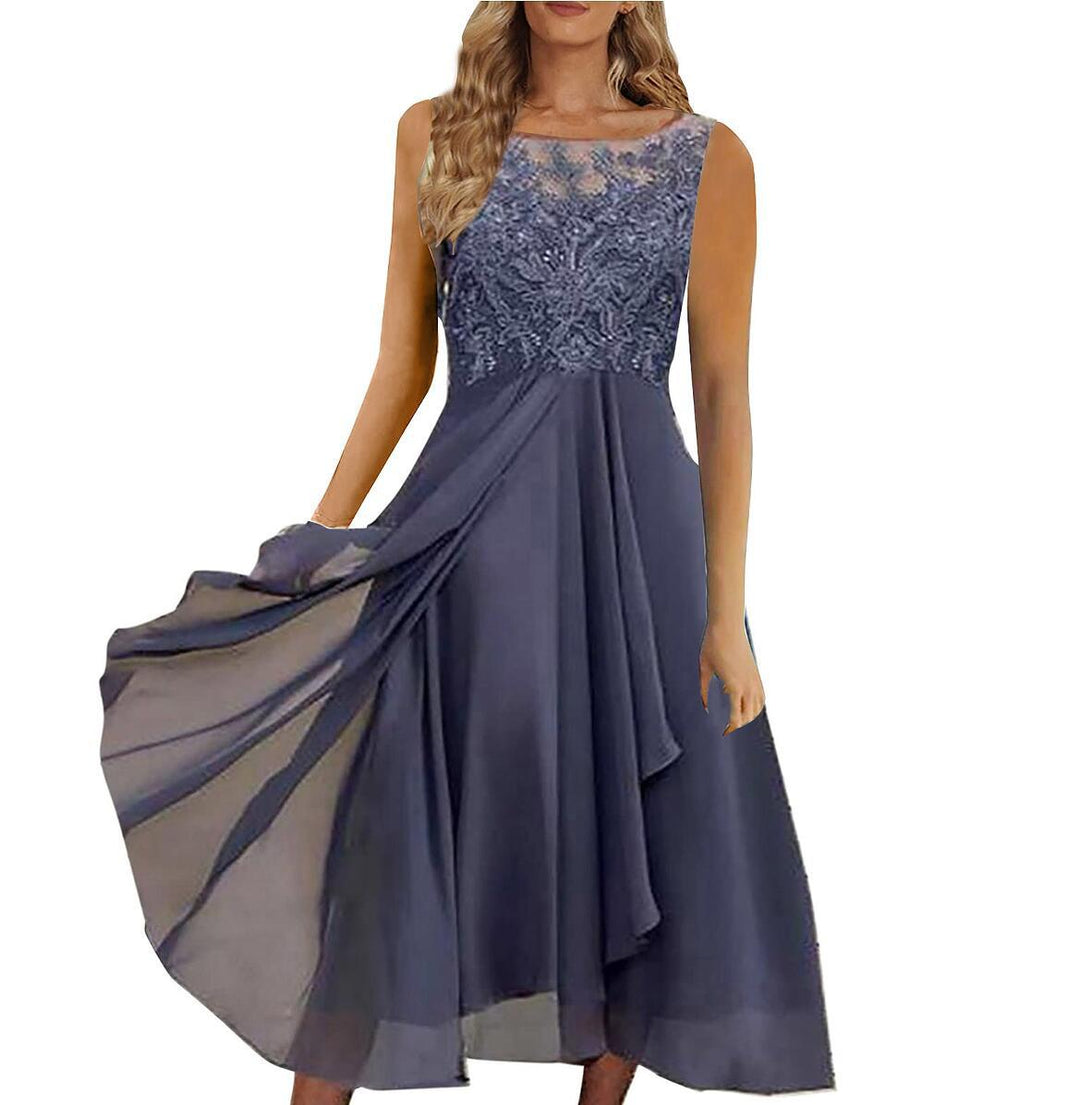 Damen nan ärmelloses Chiffon-Midikleid mit bestickter Illusionsspitze, Schiff-Ausschnitt und mehrlagigem Schwingrock Echoarchiv